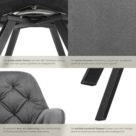 tectake - Drehstuhl in Samtoptik - Esszimmerstuhl mit Armlehnen - Ergonomischer Sitz und Rückenlehne - 180-Grad-Drehung - Moderner Stuhl mit Stahlbeinen - Verschiedene Farben - Anthrazit