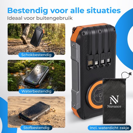 Nuvance Solar-Powerbank 20.000 mAh – 22,5-W-Schnellladegerät – USB-C & USB-A – 4 integrierte Kabel – kabellose Powerbank 15 W – Notfallpaket – Solar-Powerbank