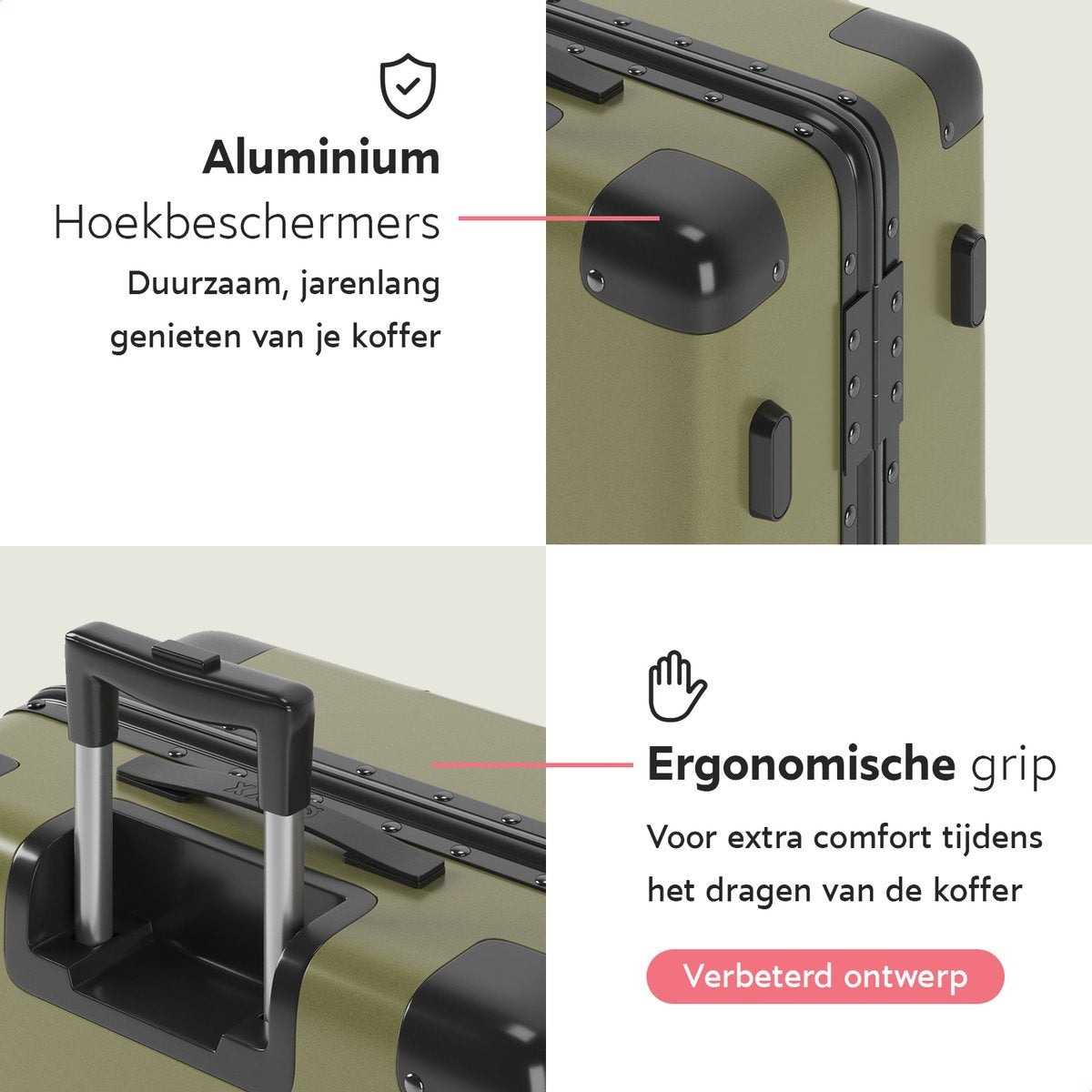 ONYXÂ® Check-in Koffer 65L - TSA-Schloss - Spinner-Räder - Leichter Trolley - Aluminiumverschluss - Olivgrün