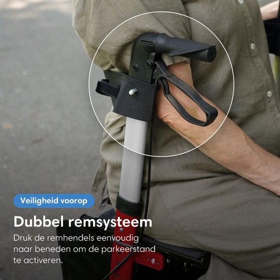 Safe Life® Rollator - Leicht und faltbar - Sitzfunktion - Für den Innen- und Außenbereich - Rückenlehne und Gehstockhalterung - Rot