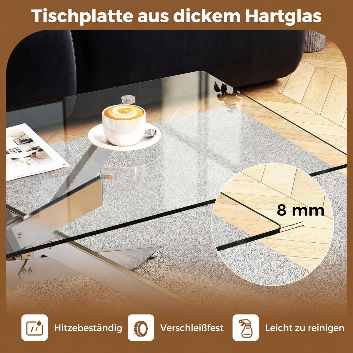Coast Couchtisch – gehärtetes Glas – modernes Design – silber 120 x 60 x 45,5 cm