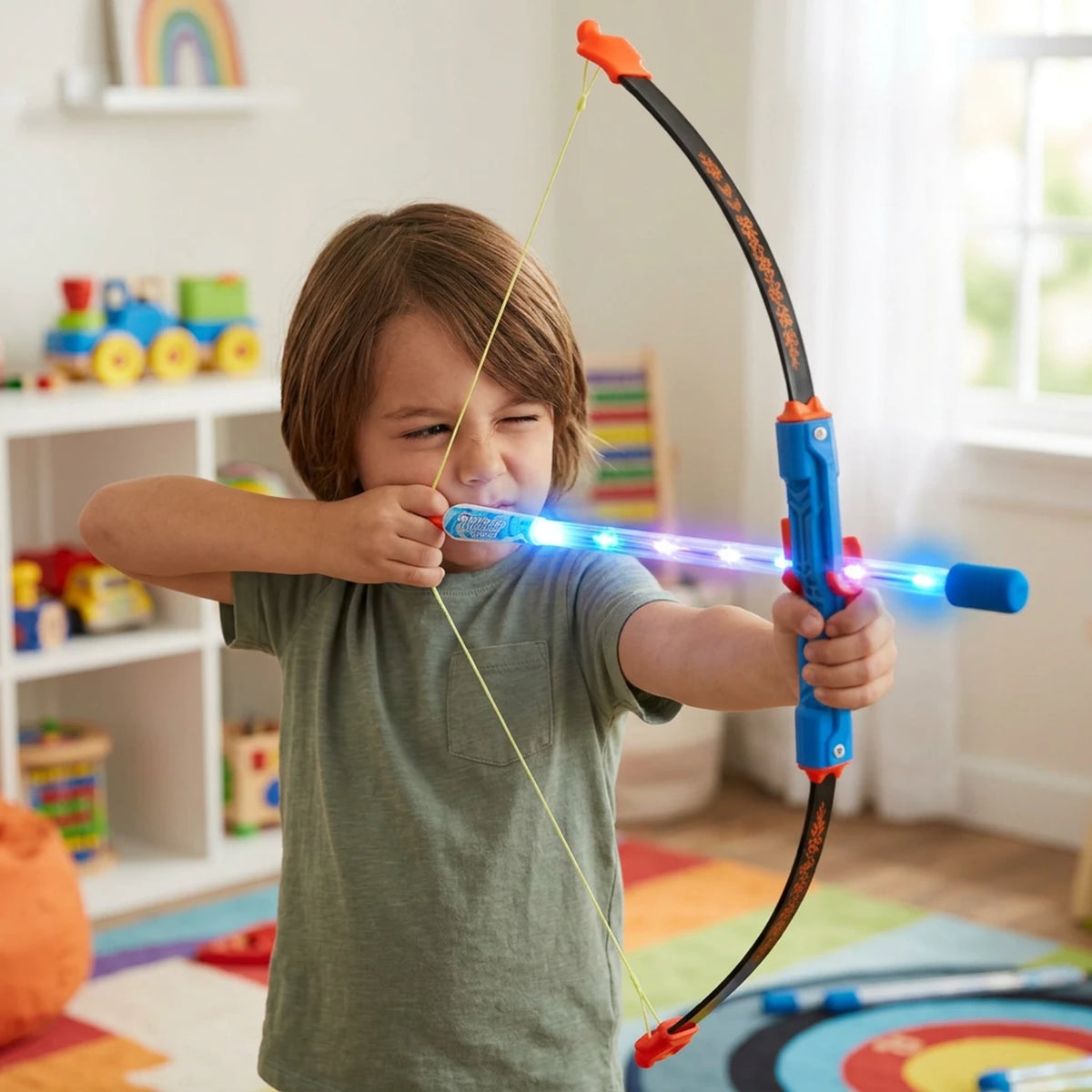 Großer Leuchtbogen mit Glasfaser-Leuchtpfeilen, 60 cm – inklusive Zielscheibe – für Kinder von 5 bis 12 Jahren