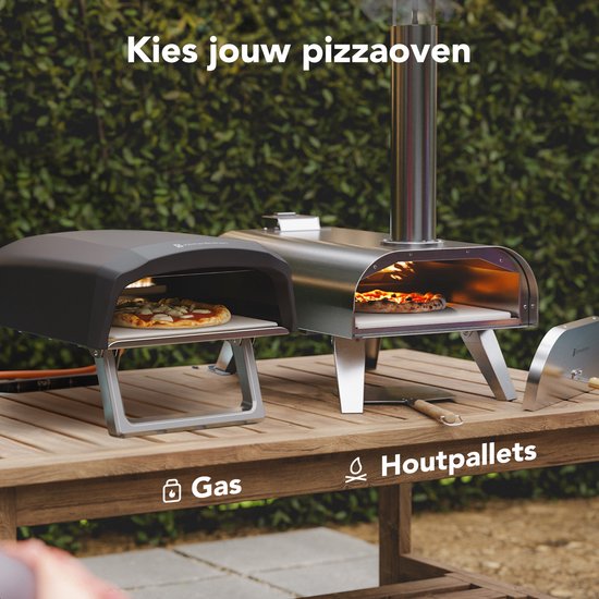 KitchenBrothers Pizzaofen - Holzbefeuert - Tischplatte - klappbar - Pizzastein - bis zu 460°C - Edelstahl - Komplettset - Pizzaofen für draußen - Edelstahl