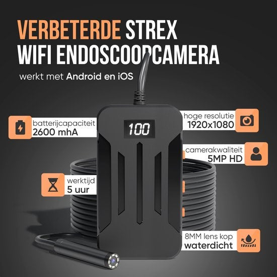 Strex Inspektionskamera Endoskop - 10 m Kabel - 1080P HD - WLAN - LED Beleuchtung - IP67