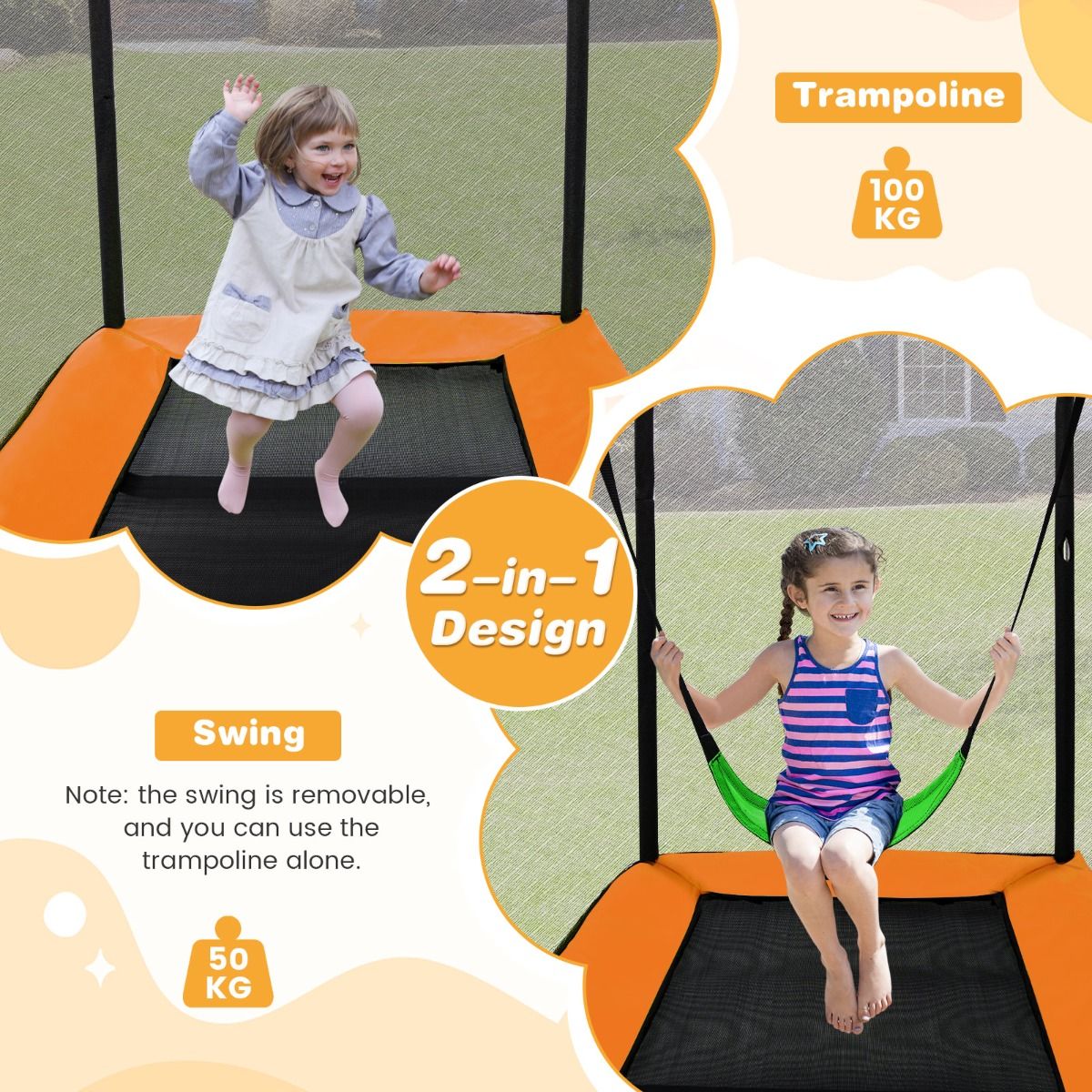 Coast 2-in-1 Kindertrampolin mit Schaukel und Sicherheitsnetz - Schwarz/Orange - 190x122 cm