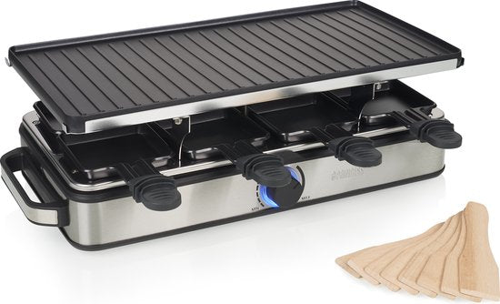 Princess Gourmet-Set 162645 – Raclette für 8 Personen – Einstellbarer Thermostat – 1400 W – 2 Meter langes Kabel – Wendbare Bratplatte – 8 Pfännchen – Edelstahl