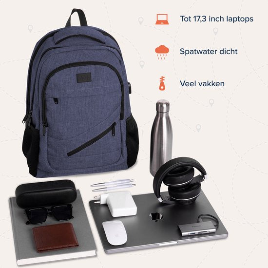 TRVLMORE Rucksack - 36L - 17 Zoll - Laptop-Rucksack - Schultasche - Männer und Frauen - Laptoptasche - Spritzwassergeschützt Blau