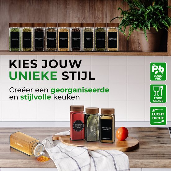 Soothe 48 Glasgewürzdosen quadratisch mit Akaziendeckel - 2 Arten von Streudeckeln - Gewürzstreuer - Gewürzdosen - Komplettset inkl. Gewürzsticker, Kreidestift und Zubehör - 120ml