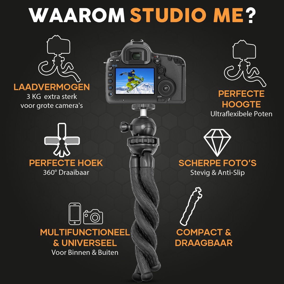 Studio ME Telefonstativ - Stativ Smartphone - Flexibel - Kamerastativ - Schwarz - Gorillapod - Telefonhalterung