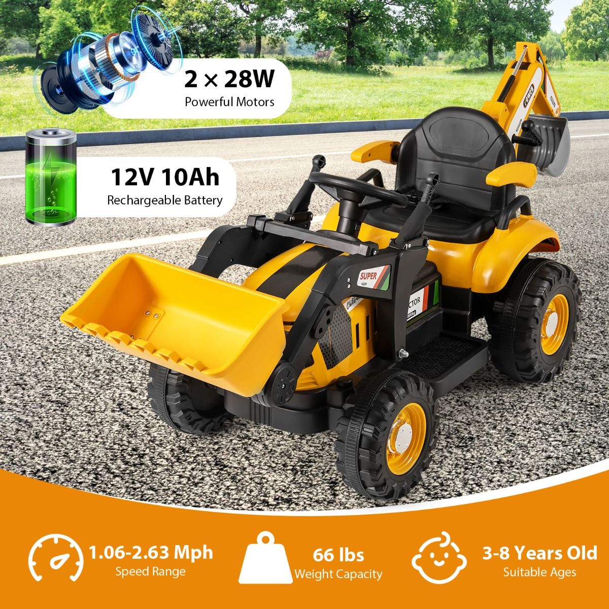 Coast Elektrischer Kindertraktor mit Anhänger – Bagger und Schaufel – Fernbedienung – Gelb