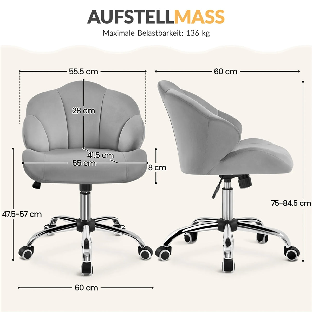 Yaheetech Bürostuhl Shell-Shaped - Features Swing-Funktion und höhenverstellbare Gaslift und gepolsterte Rückenlehne - für Home-Office und Schlafzimmer - Weiß Polyester und Metall - 60 x 60 x 76,5-86 cm