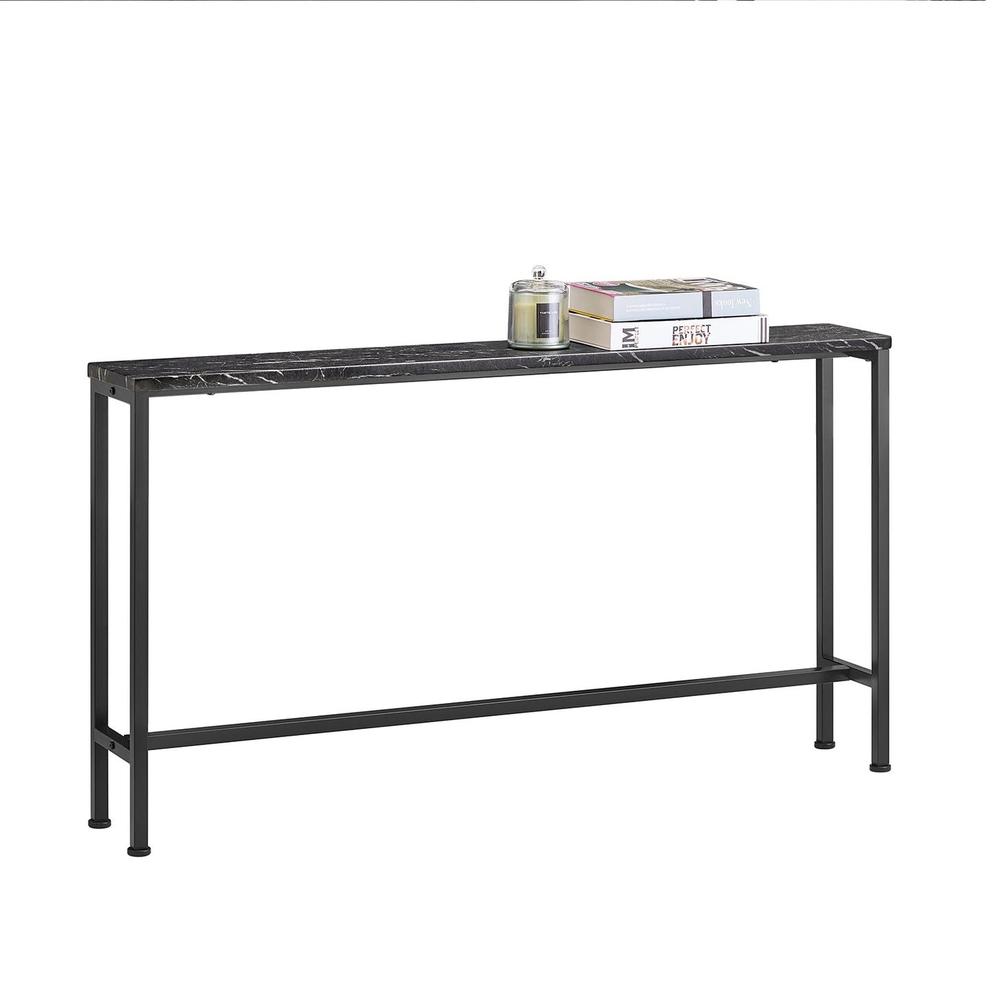 Sobuy Konsolentisch FSB19 SCH Beistelltisch – 120 cm lang, mit Tischplatte in Marmoroptik, schwarzem Metallgestell und Bodenschonern – für Flur und Wohnzimmer – Holz und Metall – 120 x 20 x 65 cm