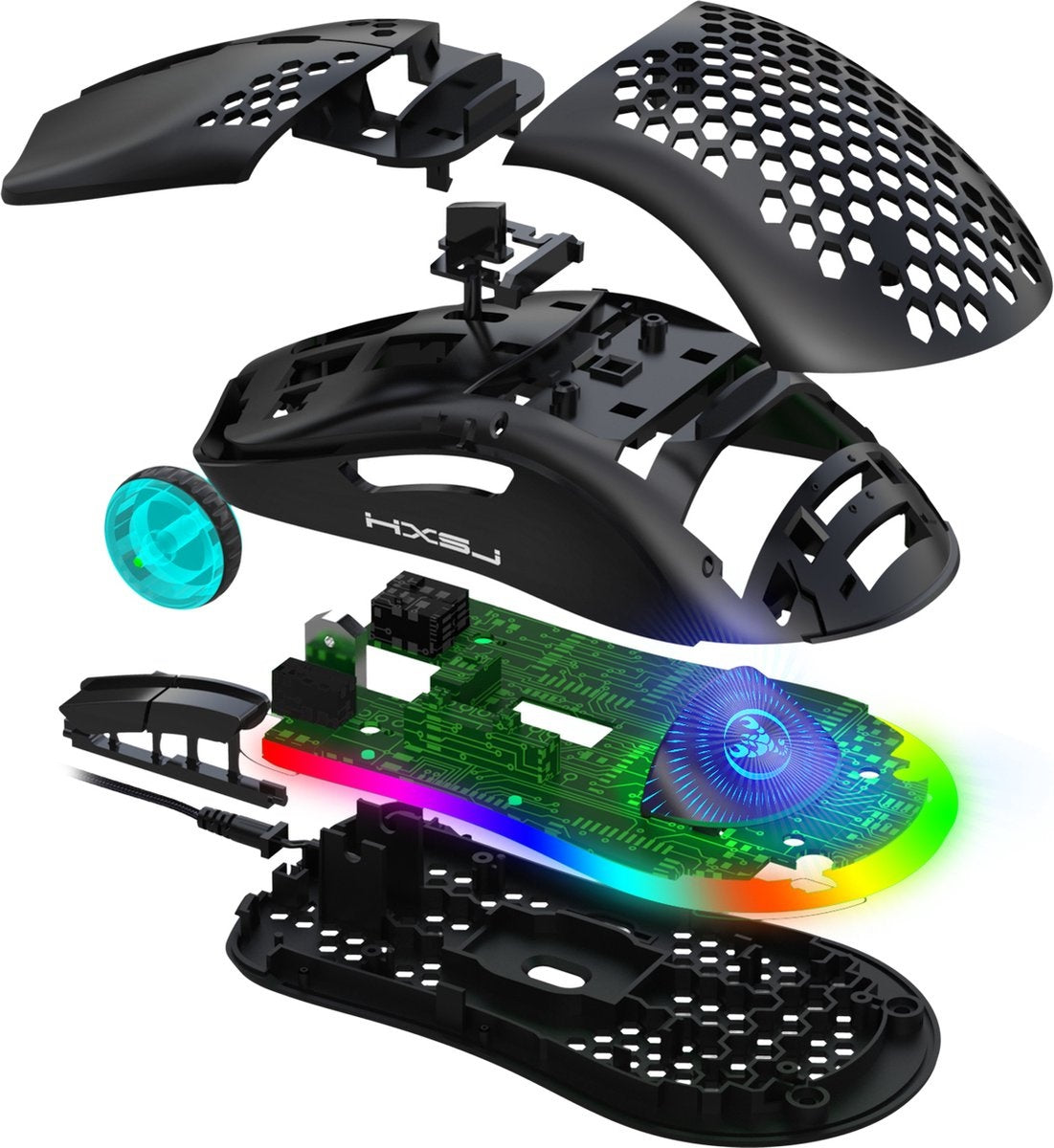 HXSJ J900 Optische Gaming-Maus - Ultraleicht - RGB-Beleuchtung - 6400 DPI - Schwarz