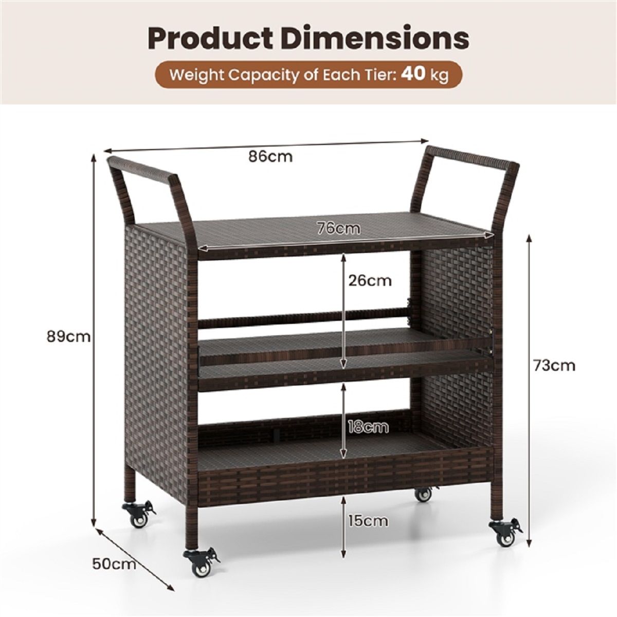 Coast Gartenbarwagen – 3 Ablagen – Rattan mit feststellbaren Rädern – Braun – 86 x 50 x 89 cm