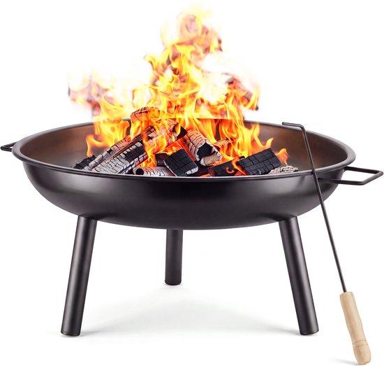 tectake® Feuerkorb Diablo – Hitzebeständiger Stahl – Feuerschale mit Feuerzange – Ø 57,5 cm – Gartenkamin – Stimmungsfeuer für den Außenbereich – Mit Griffen und Wasserablauf – Für Brennholz und Holzkohle