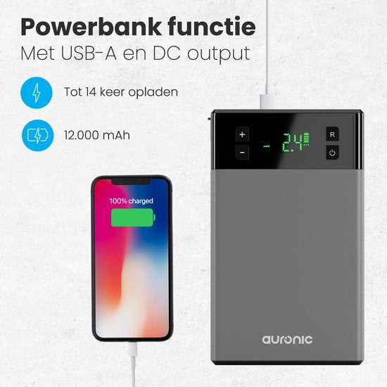 Auronic Jumpstarter - mit Kompressor - 12V - 1200A - 12.000 mAh - 6-in-1 Starthilfe - Inkl. Aufbewahrungstasche & Zubehör - Schwarz/Grau