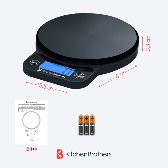 KitchenBrothers Küchenwaage - Waage Küche Digital - 1 g bis 6 kg - Tara-Funktion - Batterien enthalten - Schwarz