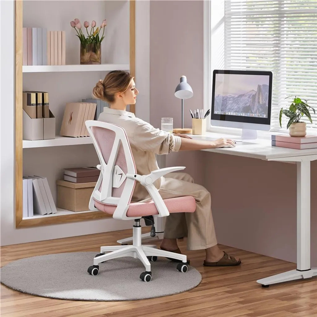 Yaheetech Ergonomischer Bürostuhl, verstellbar, 59 x 57,5 x 90–100 cm – Rosa – Netz-Bürostuhl mit klappbaren Armlehnen und Lendenwirbelstütze