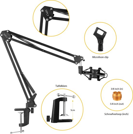UPLY Mikrofonarm - Inklusive Pop-Filter und Shockmount - Ohne Mikrofon - Boom Arm - Mikrofonständer - Stativ - Faltbar - 360 Grad - Schwarz