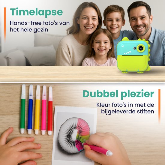 ODESSEY Kinderkamera mit Drucker - Full HD - Selfie-Kamera - 32GB SD-Karte - Foto - Video - Spiele - Digitalkamera Kinder - Fotokamera für Kinder - Dino