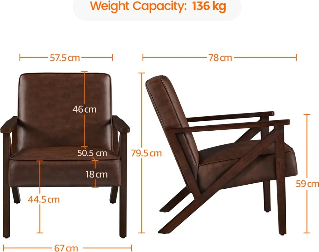Yaheetech Vintage-Sessel aus Kunstleder mit Massivholzbeinen – Dunkelbraun – 78 x 67 x 79,5 cm