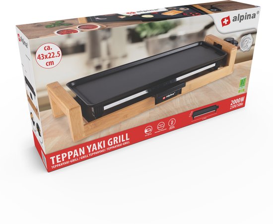 alpina Teppanyaki Grillplatte - Tischgrill - Antihaft - 2000W - 43x22,5cm - Schwarz