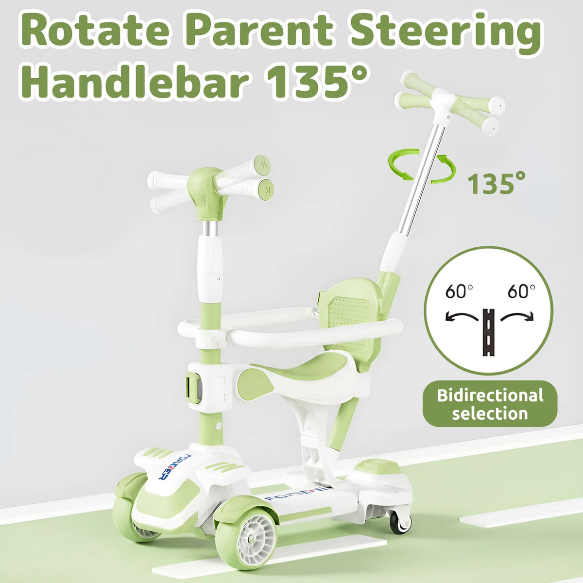 Neuleb 6-in-1-Kinderscooter mit 4 Rädern – Grün – 3–8 Jahre, drehbarer Sitz, bis zu 100 kg