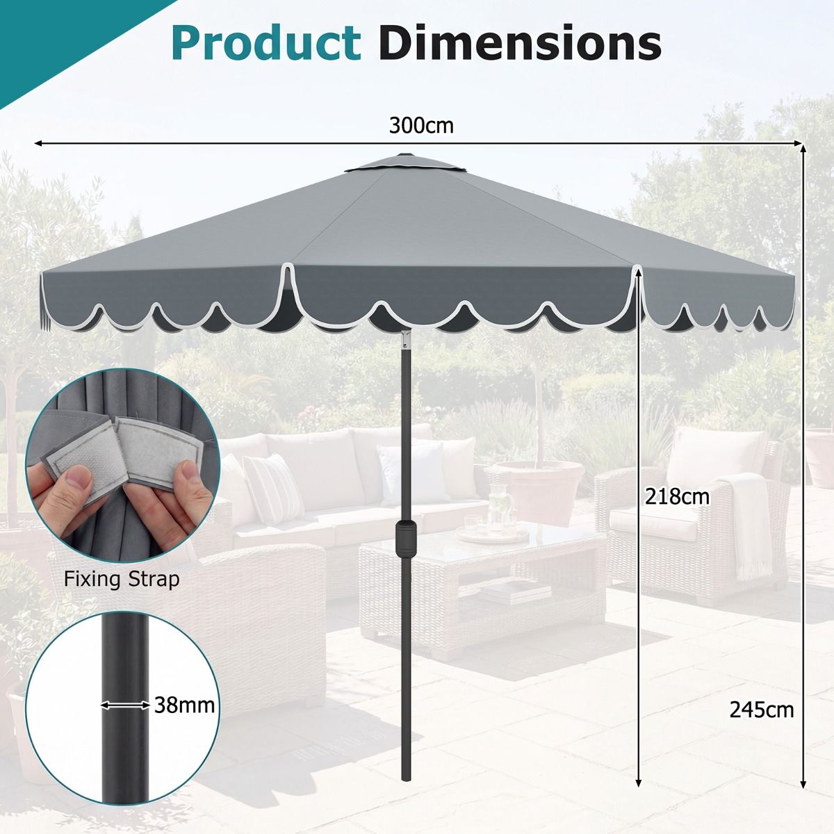 Coast Doppelseitiger Gartensonnenschirm – 300 cm mit Kurbel und Volant – um 35° neigbar – Blau