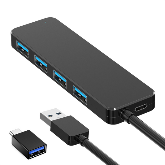 Strex USB 3.0 Hub - 4-Port USB Splitter - 5Gbps - Inklusive USB-C Adapter - 35 cm Kabel - Schwarz