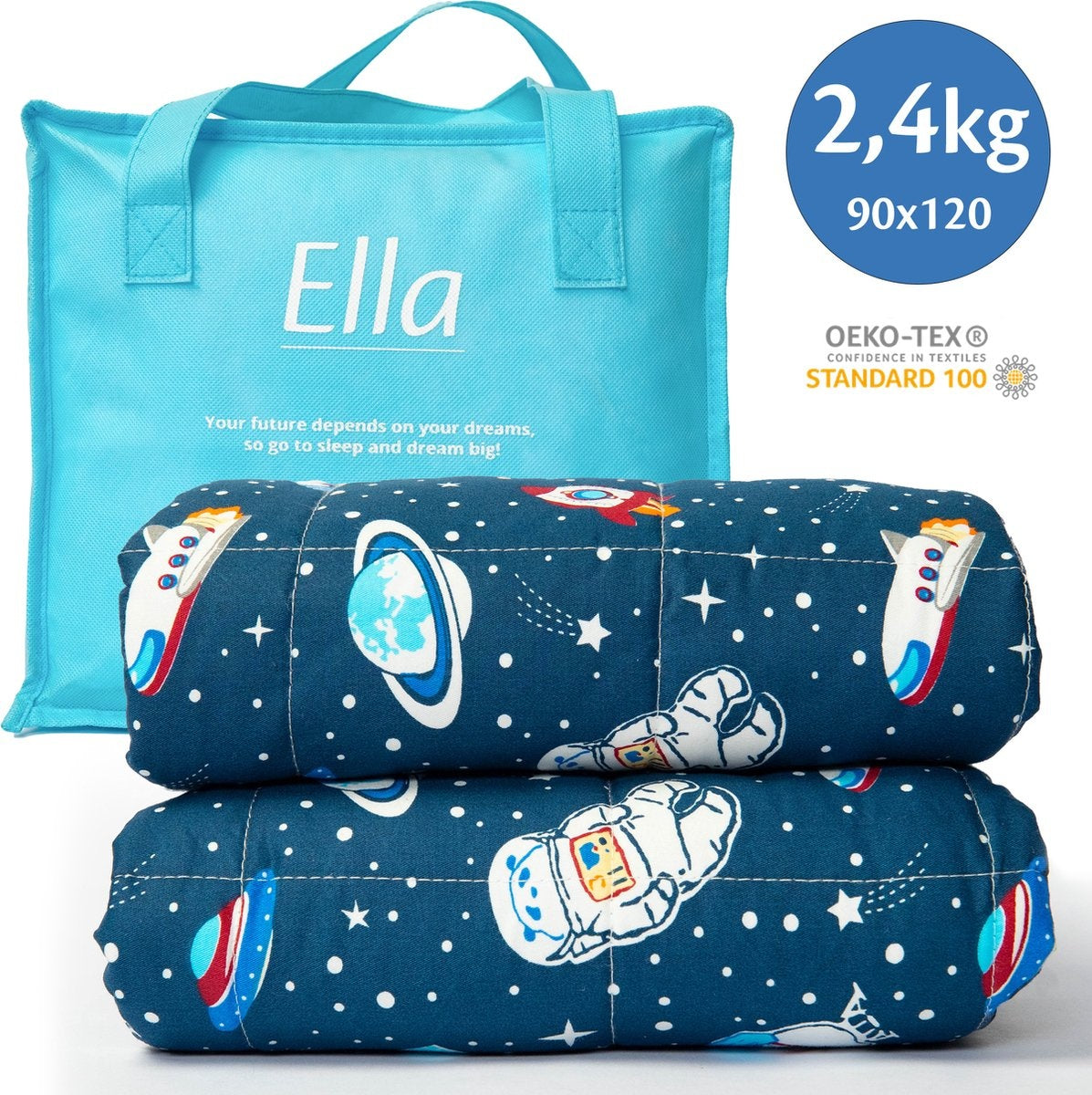Ella - Gewichtsdecke - Kind - 2.4kg - 90 x 120cm - OEKO-TEX Baumwolle - Raumfahrt & Astronauten Muster - Blau
