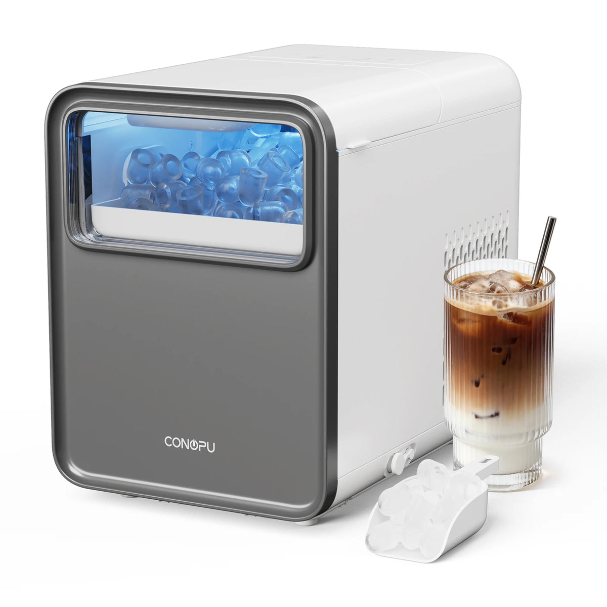 CONOPU Eiswürfelmaschine – Selbstreinigend, 9 kugelförmige Eiswürfel in 6–8 Minuten, 2 Eiswürfelgrößen, 12 kg/Tag, 1,5 l, leise & kompakt – 35 × 23 × 30 cm, eisblau