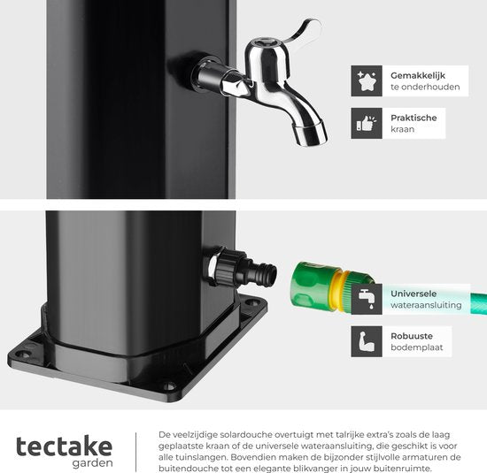 tectake® Außendusche – Solar – 35 l – Warmwasser bis 60 °C – Mit Schutzhülle und Seifenschale – Gartenschlauchanschluss – Gartendusche mit großem, verstellbarem Duschkopf und Fußhahn – Solardusche – Campingdusche mit Solarenergie – Schwarz