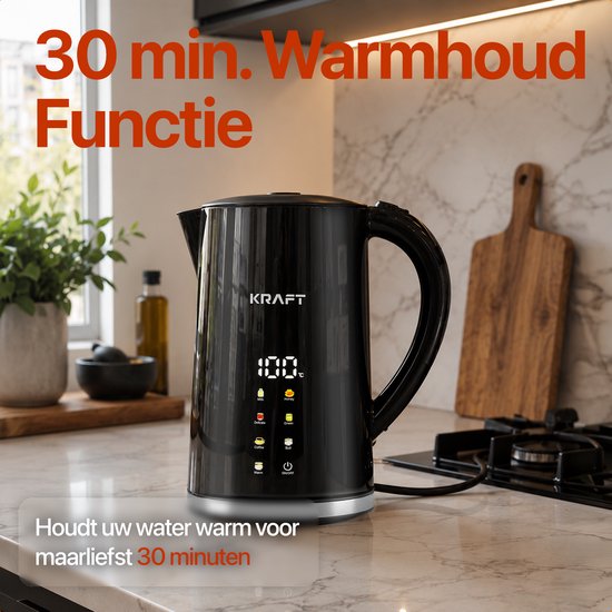 KRAFT Wasserkocher mit Temperaturregelung – 1,7 Liter – LED-Touch – Schwarz – 2200 W
