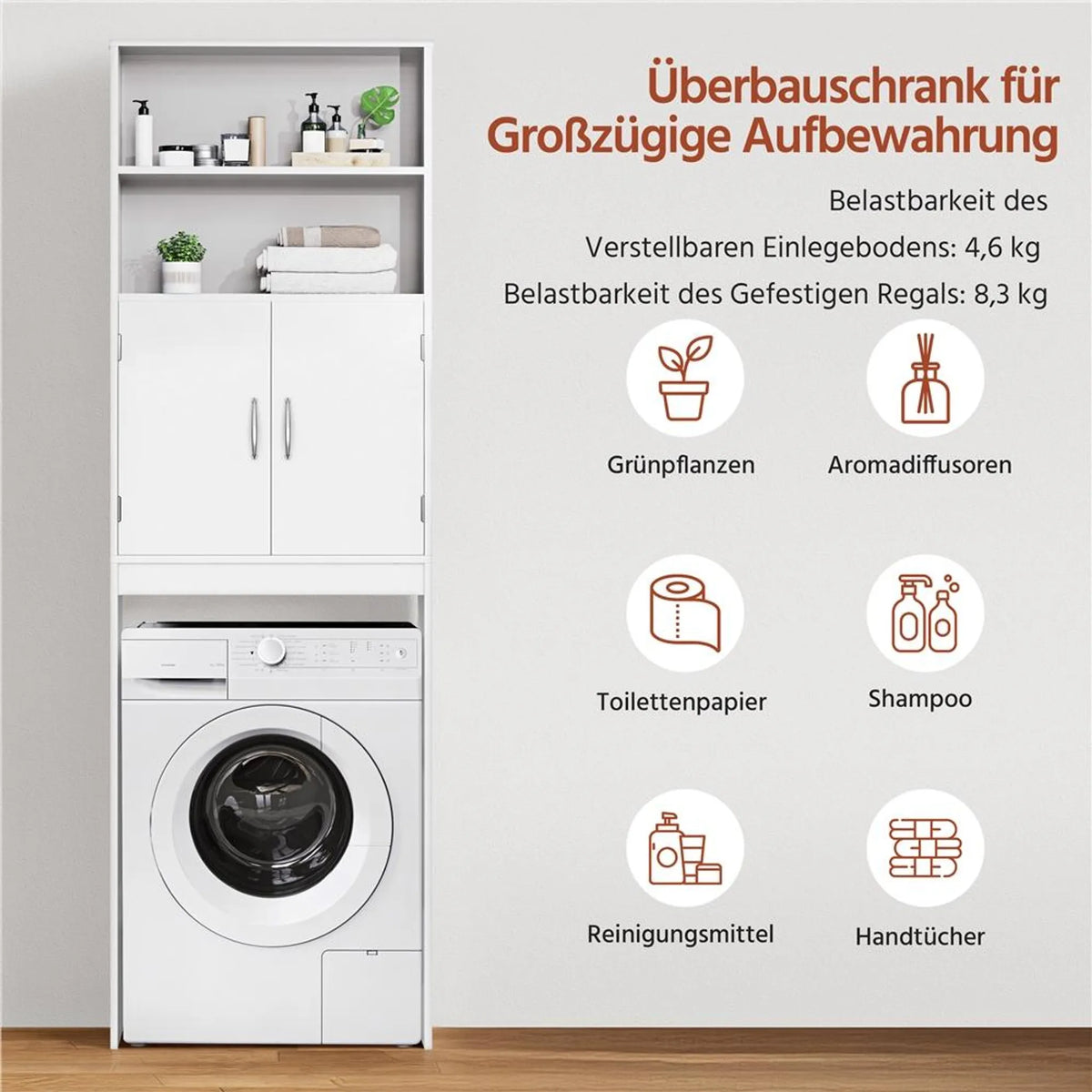 Yaheetech Platzsparender Toilettenschrank / Aufsatzschrank 72 x 20 x 195 cm – Weiß – MDF und Metall