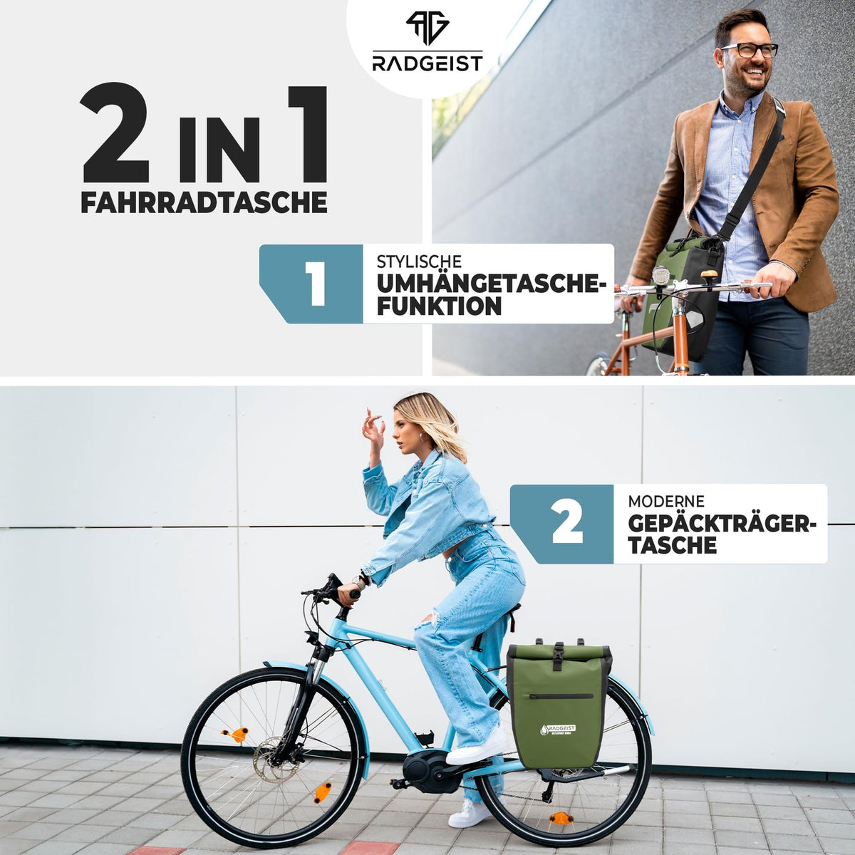 radgeist Fahrradtasche für Gepäckträger, wasserdicht – mit Reflektoren – 2-in-1-Seitentasche