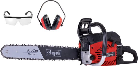 Scheppach Benzin-Kettensäge CSP560s – 56 cm³ 2-Takt – 2300 W – 0,55 l Tankvolumen – 51 cm Sägeblatt – inkl. Schutzbrille und Gehörschutz
