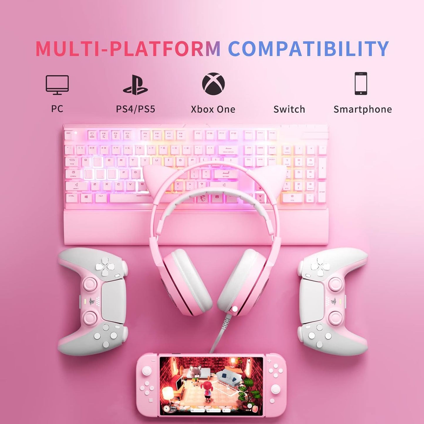 Somic G951 - PS4 PS5 7.1 Surround - Pink Cat Ear Noise Cancelling Kopfhörer - 3.5Mm Stecker - Mädchen - Kinder - Gaming Headset mit Mikrofon für Telefon/Laptop