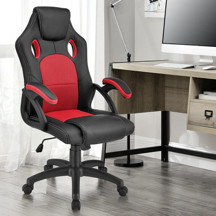 Juskys - Racing Office Chair Montreal - 111 x 47 x 52 cm - Ausgestattet mit neigbarer Rückenlehne und Mesh-Einsatz und Gasfeder - Für Gaming und Büro - Rot und Schwarz Kunstleder und Metall