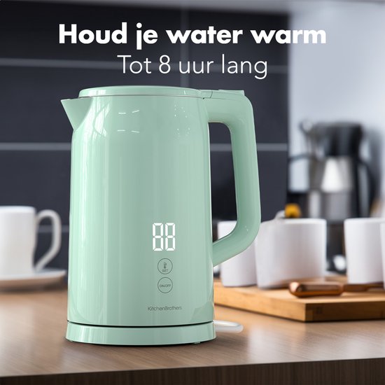 KitchenBrothers Wasserkocher - 1.7L - Mit Temperaturkontrolle - Elektrisch - Warmhaltefunktion - Display - Doppelwandig - Cool-touch - 2200W - Pastellgrün