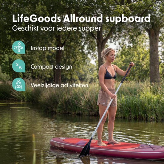 LifeGoods SUP Board All-round Compact - 100 KG Belastbarkeit - 300 x 76 cm - Aufblasbar - Komplettes SUP Paket - Rot/Lila