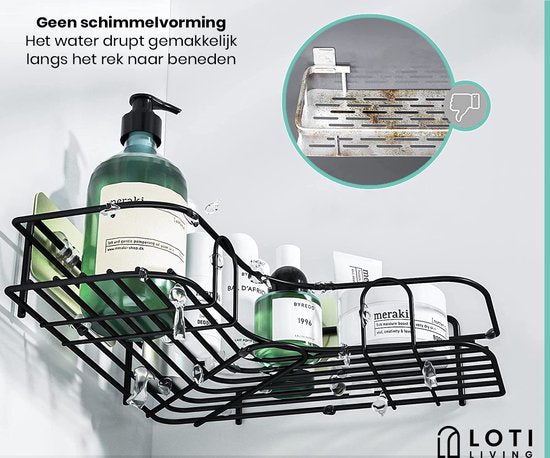 Loti Living Duschregal ohne Bohren - Eckform - 2 Stück - Duschregal zum Aufhängen - Duschregal ohne Bohren - Duschregale 2 Stück - Duschregal Schwarz - Duschregal an der Duschwand - Klebestreifen