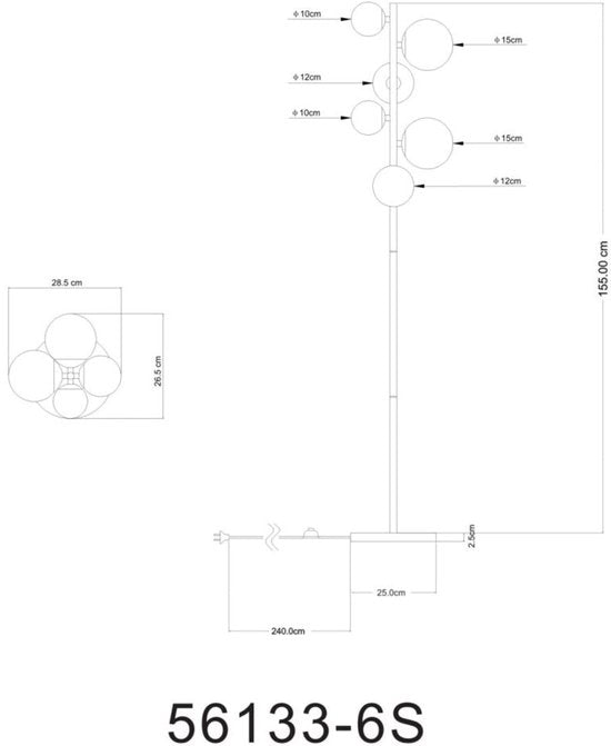 Stehleuchte RIHA Glas 155.0cm Matt Schwarz | Rauch G9 6-flammig