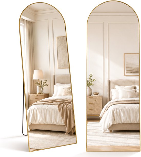 Infinity Goods Ganzkörperspiegel – 160 x 60 cm – Design-Wandspiegel – Standspiegel mit Metallrahmen – zur Aufhängung – Ankleidezimmerspiegel – abgerundet – modern – goldfarben
