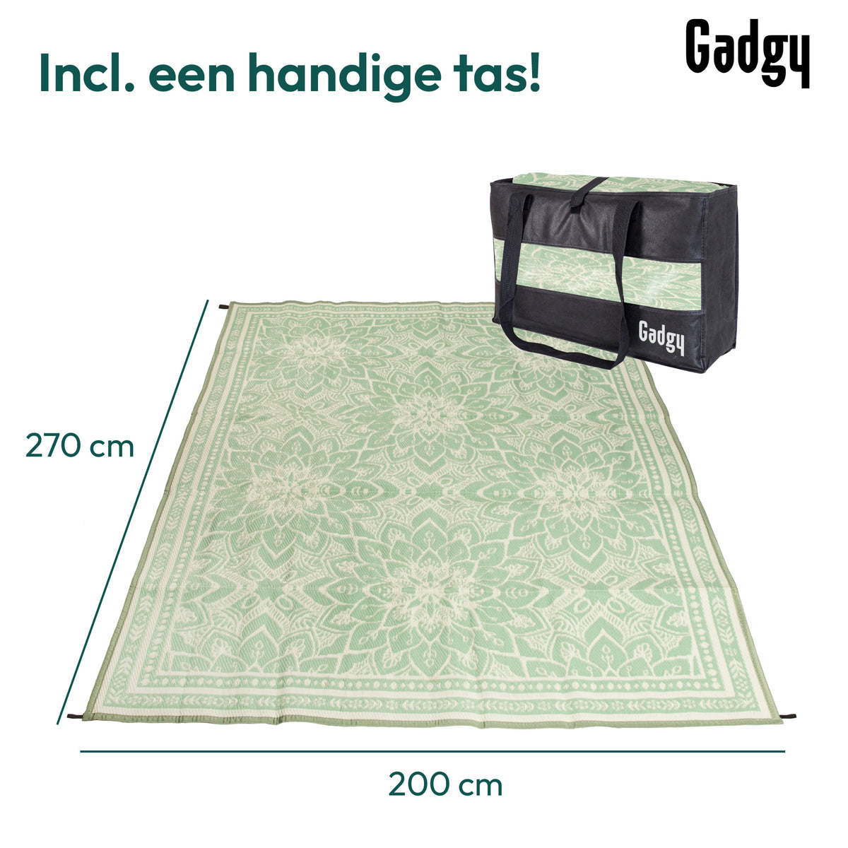 Gadgy Outdoor Teppich XXL - Outdoor Teppich 270x200 cm - Gartenteppich Doppelseitig - Picknickdecke Grün Weiß - Outdoorteppich