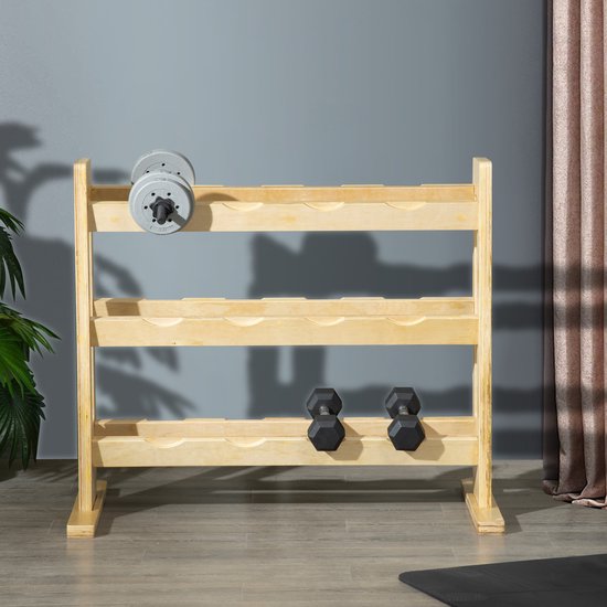 Hantelständer, für 12 Hanteln, bis zu 150 kg, 3 Ebenen, Buchenholz, 118 x 60 x 100 cm