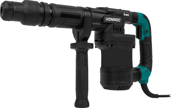 VONROC PRO Aufbrechhammer 1200W - 6kg - Schlagkraft: 14 Joule - Schlaggeschwindigkeit: 3100 p/m - 5 Meter Kabel - Inkl. Seitengriff, Spitzmeißel, Flachmeißel und Tube Fett