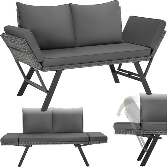 tectake® 2-in-1 Geflecht-Gartenbank Sintra - Verstellbare Handläufe - Gartenset - Liege - Balkon-Lounge-Bank - Inkl. Kissen - Outdoor-Lounge-Sofa - UV- und witterungsbeständige Sonnenliege - Grau