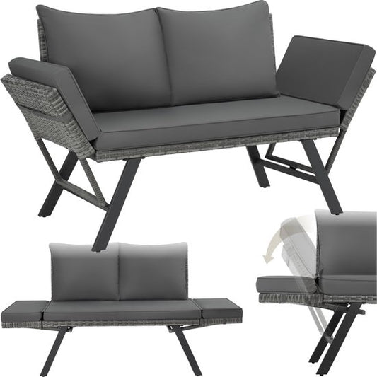 tectake® 2-in-1 Geflecht-Gartenbank Sintra - Verstellbare Handläufe - Gartenset - Liege - Balkon-Lounge-Bank - Inkl. Kissen - Outdoor-Lounge-Sofa - UV- und witterungsbeständige Sonnenliege - Grau