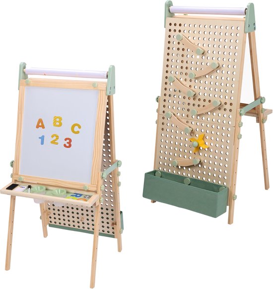 Sunny Mika Aktivitäts-Esel – Kinder-Esel aus Holz – Spiel-Esel mit Whiteboard, Kreidetafel, Magnettafel und Stecktafel – Inklusive Papierrolle, Magneten, Kreiden, Radiergummi, Zubehör für die Stecktafel und mehr – Lernspielzeug