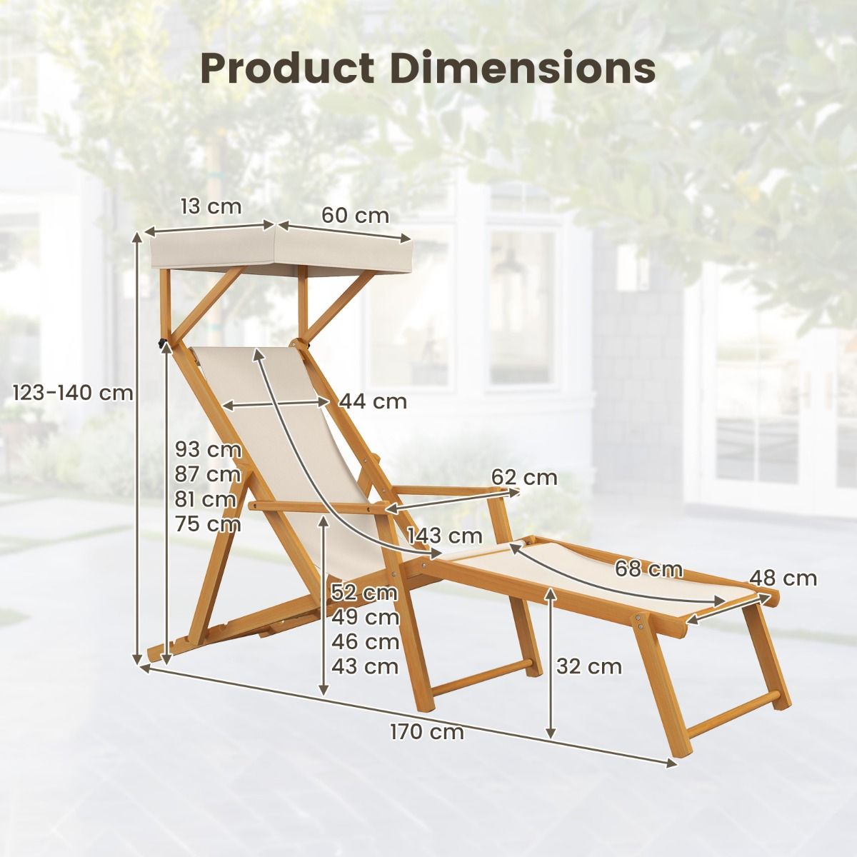 Coast Birchwood Foldable Beach Lounger mit verstellbarem Sonnendach, Rückenlehne und Fußstütze - Beige/Natur - 170x62x140 cm